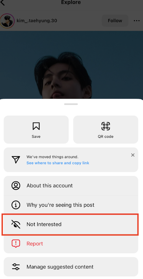 Path Social의 추천 게시물 위에 있는 점 세 개를 클릭하면 나타나는 메뉴 스크린샷을 참조하세요.