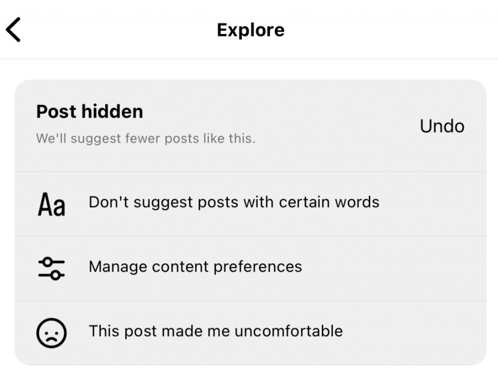 Path SocialLa schermata delle opzioni che appaiono dopo aver fatto clic su "Non sono interessato" su un post suggerito.