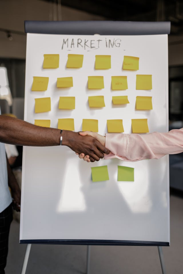 Two people shaking hands in front of a whiteboard with a marketing plan on it.