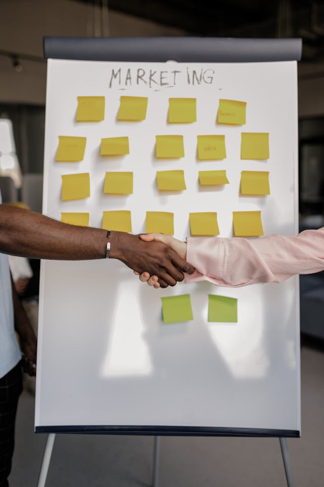 Twee mensen die elkaar de hand schudden voor een whiteboard met een marketingplan erop.