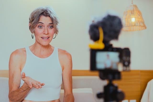 Un'influencer donna che registra un video di se stessa mentre parla utilizzando una telecamera e un treppiede.