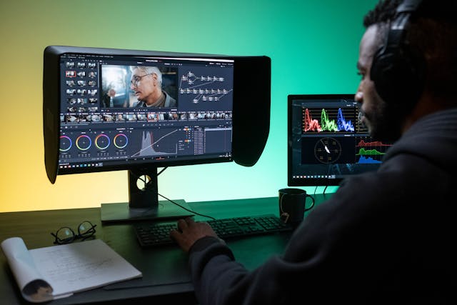 Un bărbat care editează un videoclip al unui avatar digital masculin pe un computer.