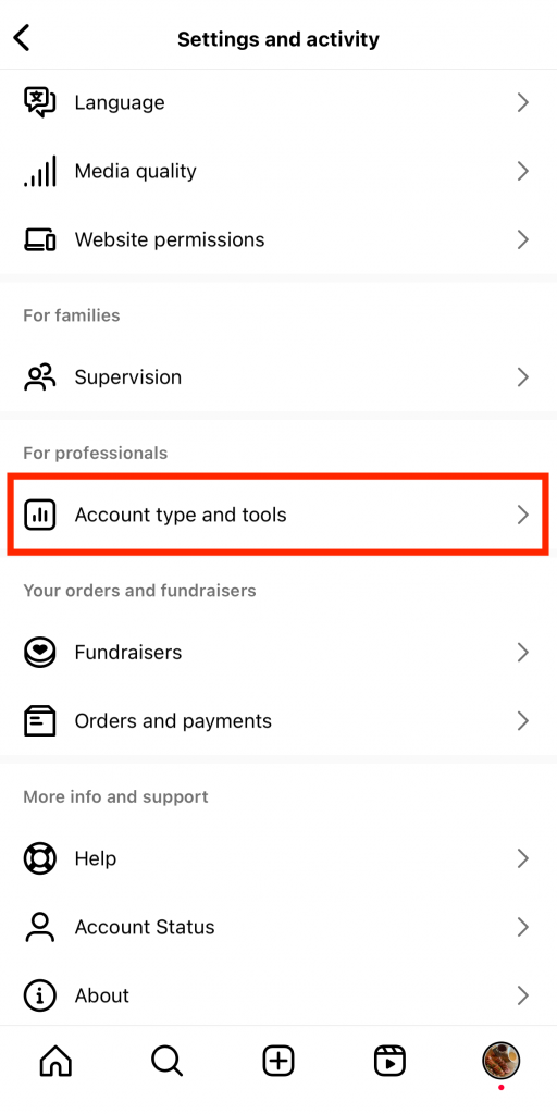 Path SocialCaptura de pantalla de Instagramde la configuración de la cuenta con un recuadro rojo que resalta "Tipo de cuenta y herramientas".