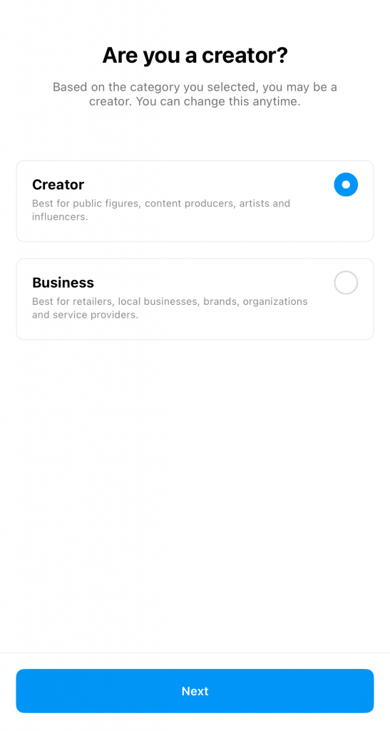 Path SocialCapture d'écran de Instagram demandant à un compte professionnel s'il s'agit d'une entreprise ou d'un créateur.