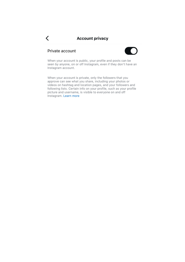 Path Social's captură de ecran de Instagram's toggle de confidențialitate cont. 