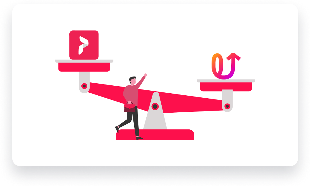 Path Social's illustrated graphic of Path Social's logo on top of a scale higher than the UpGrow logo next to an IG user.