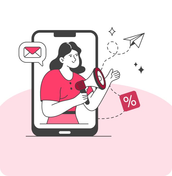 Frame-1000005251png | Path Social Path Socialilustrare grafică a unei persoane pe un ecran de smartphone cu un megafon înconjurat de pictograme de angajament.