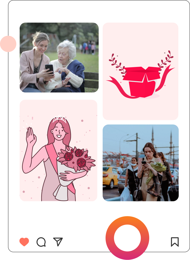 Group-1000005217png | Path Social Imagine a doi utilizatori Instagram care postează conținut lângă două ilustrații roz ale unei cutii cadou și ale unui câștigător de conținut.