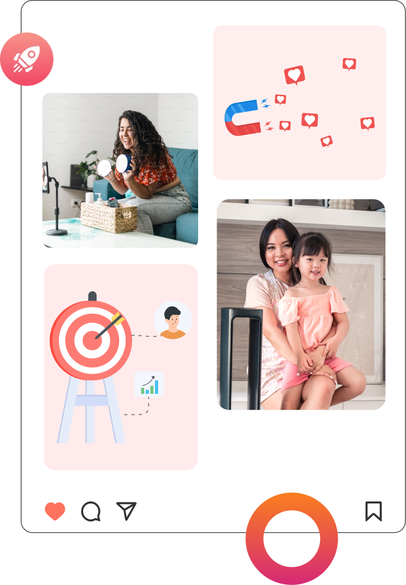 Group-4239png | Path Social Eine Collage mit einer Frau, die Inhalte aufnimmt, einem Magneten, der Instagram anzieht, einem Zielsymbol mit Publikumssymbolen und einer lächelnden Mutter mit ihrem Kind.