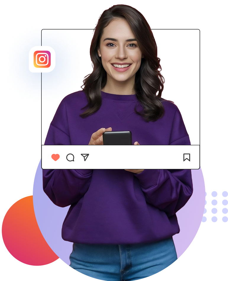 Group-1000005280-1-1png | Path Social Path Social 圖案是一位面帶微笑的女士手持電話,並顯示Instagram框架和增加的追隨者人數。