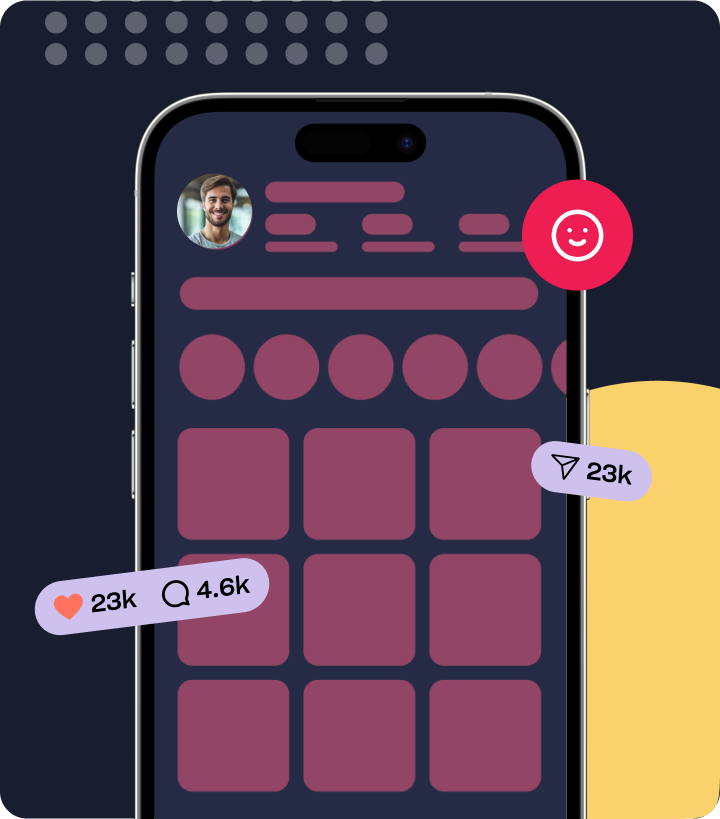 j-why-choosepng | Path Social Path Social Grafik Path Social dari layar ponsel pintar dengan tata letak profil Instagram dengan metrik keterlibatan dan ikon wajah bahagia.