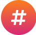 Wit hashtag-pictogram op een cirkelvormige achtergrond met kleurverloop van oranje naar roze.