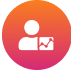 Wit pictogram van een persoon en grafiek op een cirkelvormige gradiëntachtergrond van oranje naar roze.