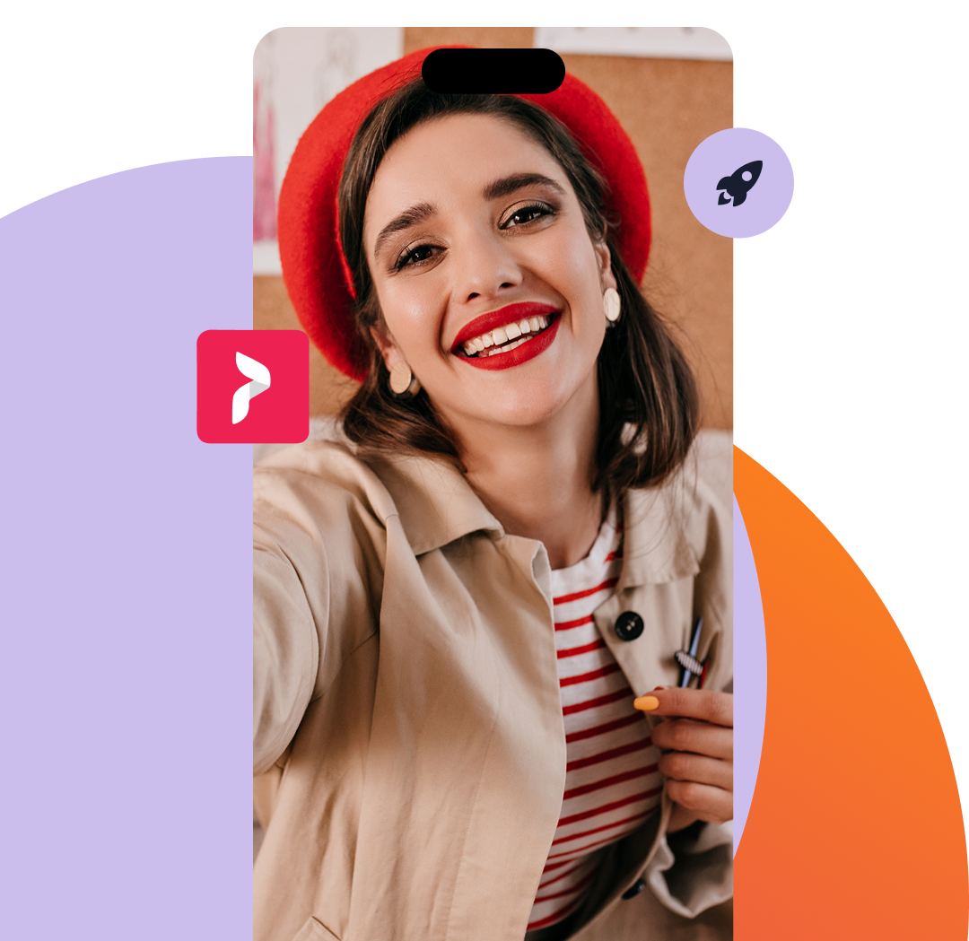Group-1686565958-2.png | Path Social Path Social einer lächelnden Frau, die ein Selfie macht, sowie Follower- und Like-Statistiken, um das Wachstum von Instagram zu symbolisieren.
