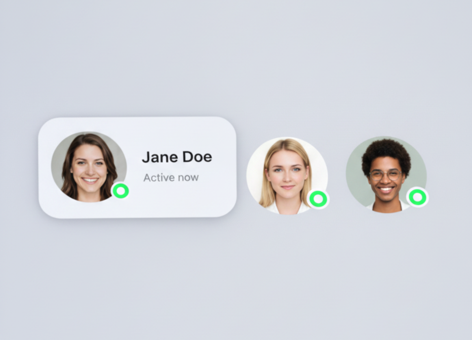Profile photos of three people with green active status icons, one labeled "Jane Doe, Active now."