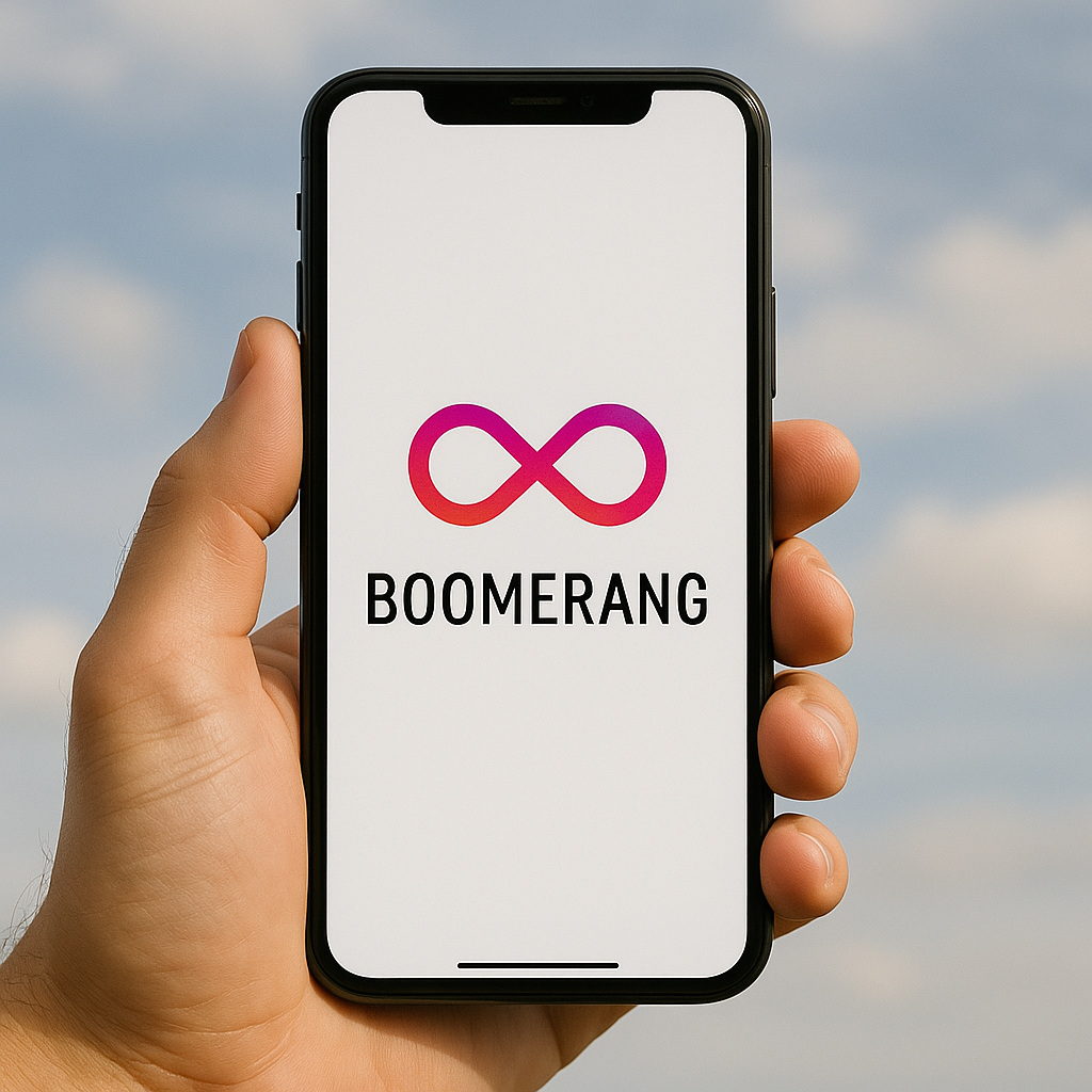 A hand holding a smartphone displaying the Boomerang logo with a colorful infinity symbol and text on screen.