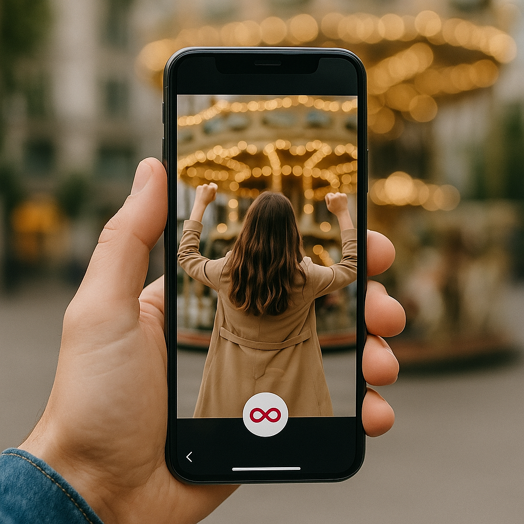 A person about to take a Boomerang of a woman raising her arms in front of a glowing carousel.