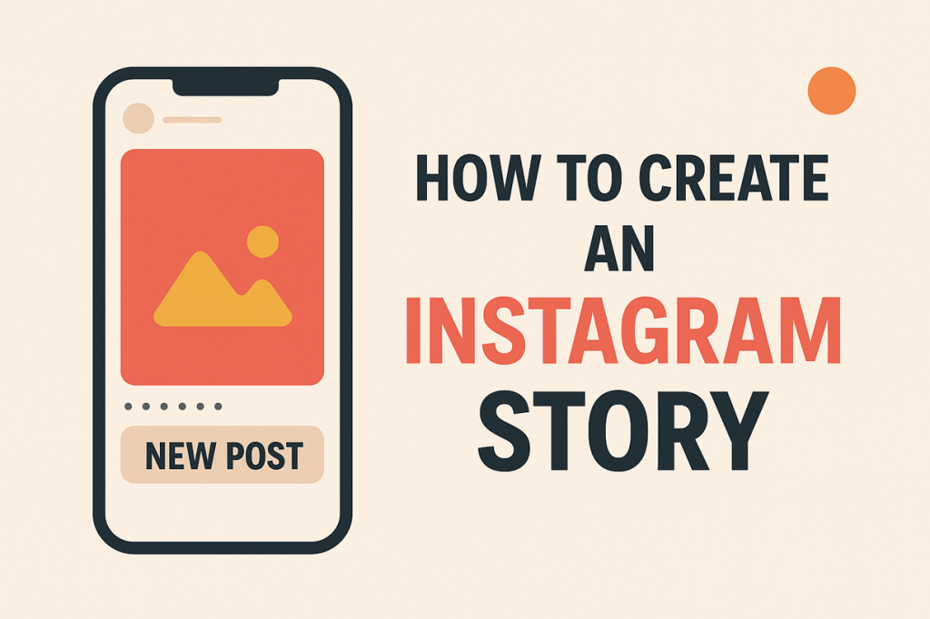 A screen of a smartphone with text that says “How to create an Instagram story” beside.