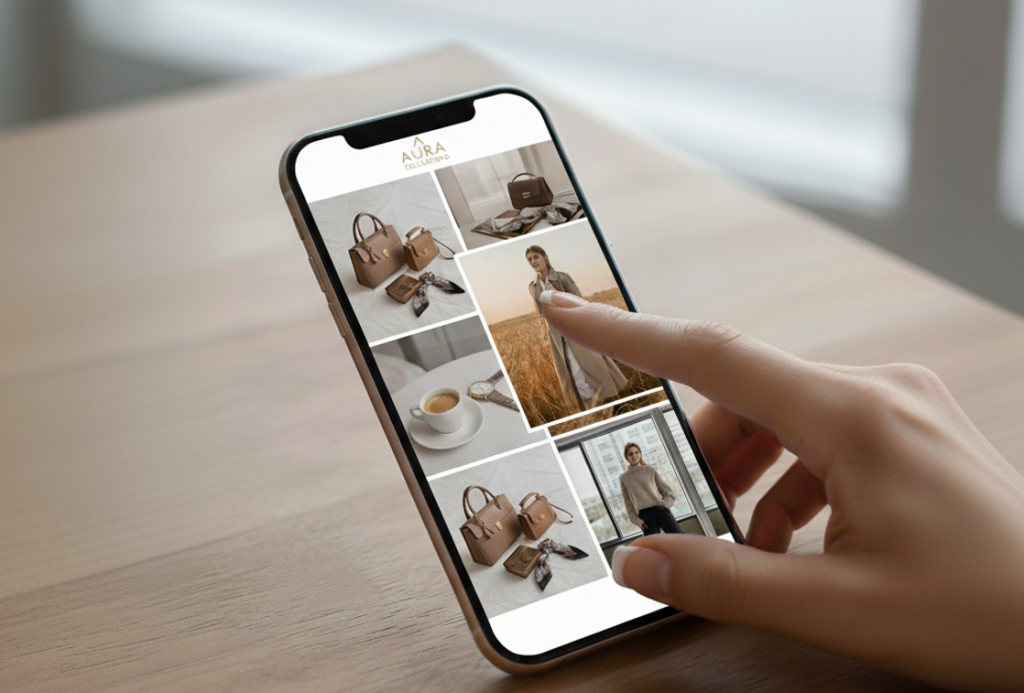 A hand selecting a fashion product photo on a smartphone.