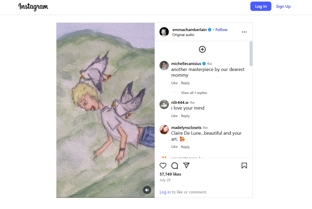 Emma Chamberlain's Reels post with comments beside.