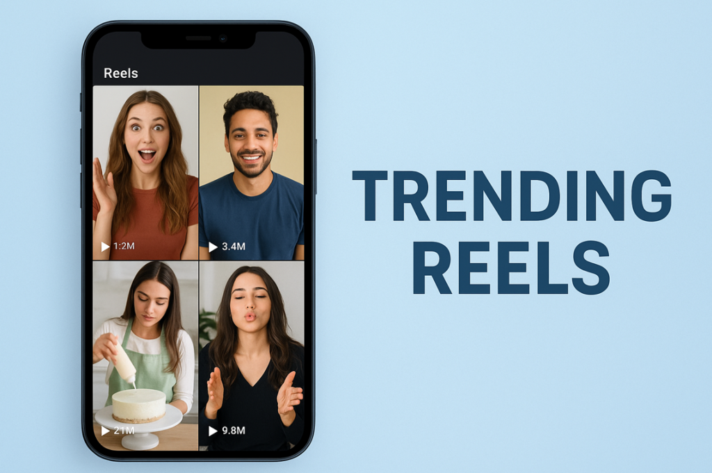 A phone displaying a Reels page, with "Trending Reels" written next to it.