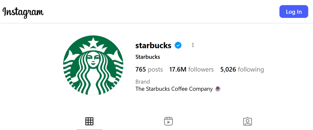 A Starbucks Instagram profile showing its logo, verified badge, posts, followers, and following.