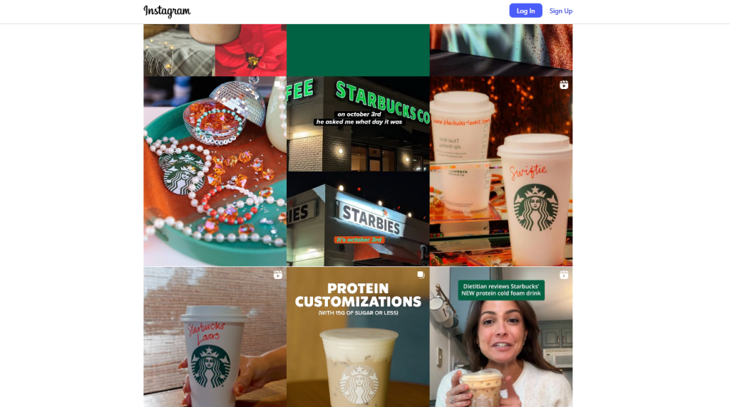 A collage of recent Starbucks Instagram posts featuring drinks, store signs, holiday themes, and product promotions.