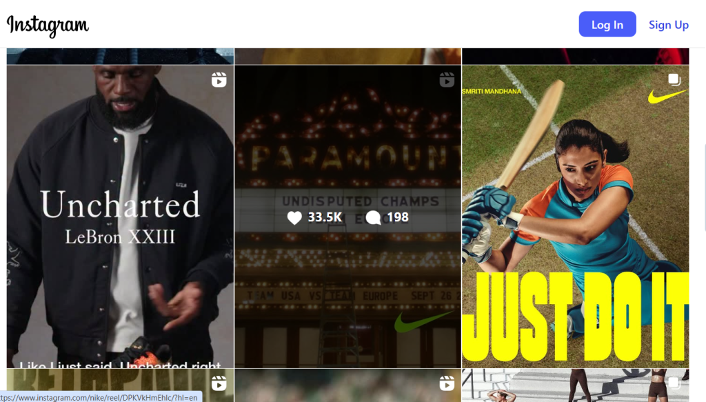 Instagram profile of Nike with the number of likes and comments under the post.