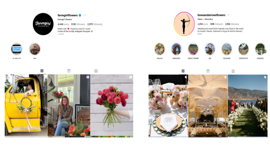 A screenshot of the Instagram pages of flower companies.