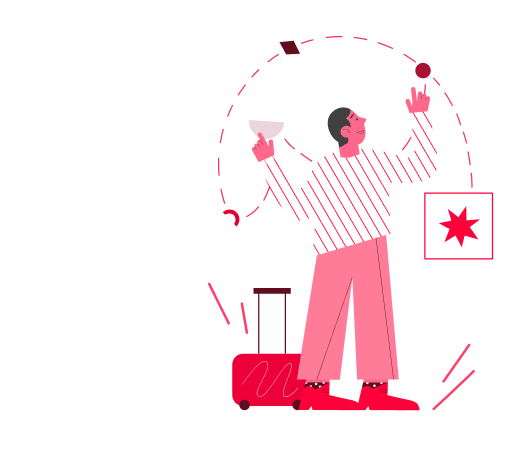 Illustration of happy traveler celebrating with suitcase and boarding pass