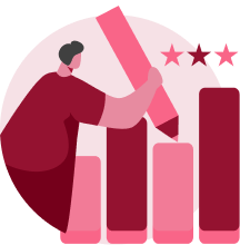 Illustration of user increasing star rating and performance bar chart