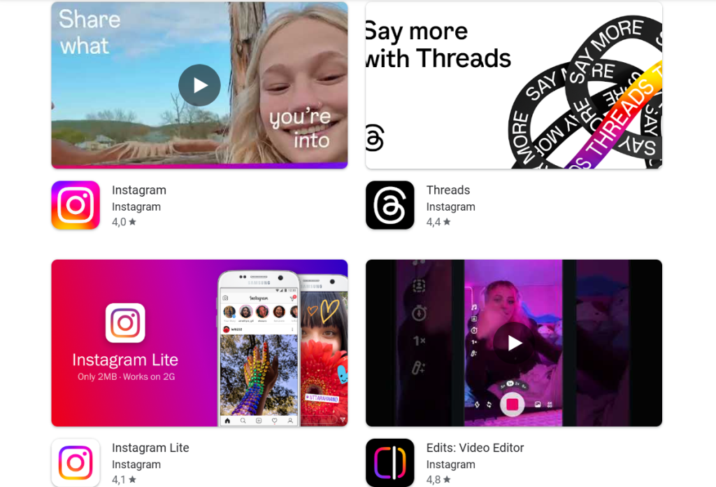 image | Path Social A screenshot of Google Play showing the Instagram, Threads, and Instagram Lite apps.