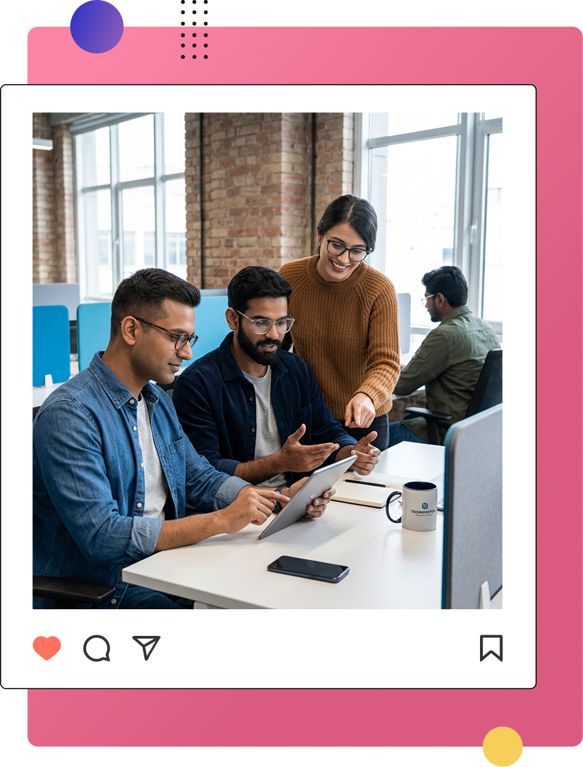 Instagram-style post showing people in an office environment
