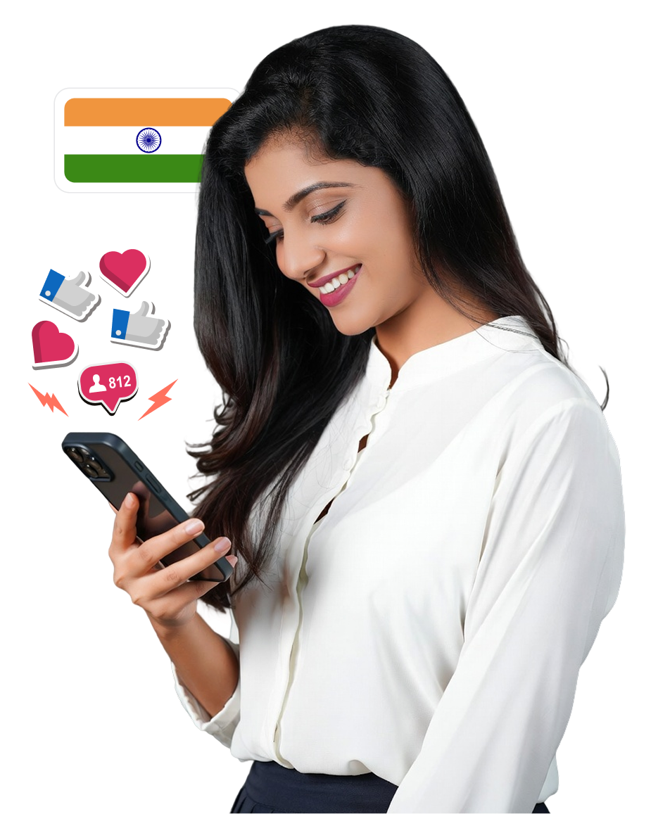 Woman using smartphone showing Instagram growth service in India with real and targeted followers
